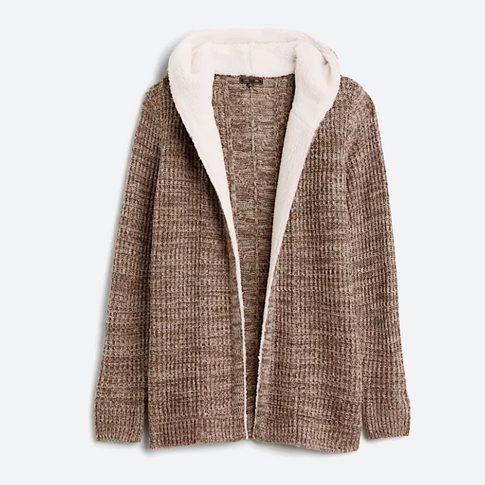 Cozy Open-Front Hooded Cardigan Sweater in Taupe with Cream Lining